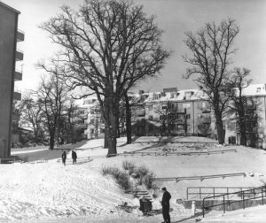 Vy från Virebergsvägen uppåt kullen med Vårvägens gård, 1959. Vinterbild.