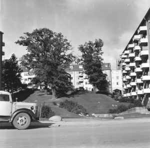 Vy från Virebergsvägen uppåt kullen med Vårvägens gård, ca 1960.