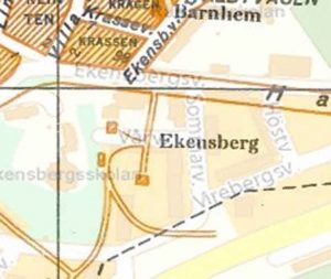 Förstoring. bebyggelsen i och kring Vårvägen som kallades för Ekensbergs gård före 1954. 