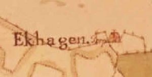 ÄLDSTA BILDEN från 1700-talets mitt. Ekhagens torp inritat och avbildat på karta. Torpet revs i mitten av 1920-talet. Se bilder nedan.