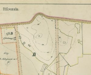 Karta från 1923. Den lilla fyrkanten till höger är Ekhagens torp från 1700-talet som revs på 1920-talet. Där uppfördes Ekensbergs nya gårdsbyggnad som existerade fram till 1954. Till vänster, upptill, ser vi Virebergs gård som låg på andra sidan berget. Vireberg kom att bli namnet för hela området i samband med det intensiva byggandet som började i början av 1950-talet.