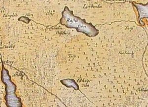 Karta från 1751 "Charta Öfwer Stockholms Stads Belägenhet". Norr om Ekhagssjön ser vi en prick benämnt "Torp". Den kallades Ekhagens torp. I norr sýns Råstasjön och (Lång)lötssjön.