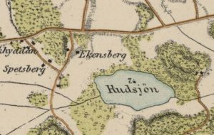 Stockholmskarta i IX blad 1861. Utsnitt av blad V. Militärkarta utförd av Topografiska Corpsen. Här dyker namnet Ekensberg upp. 