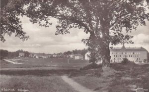 Vykort, Förlag Nordisk Konst, Stockholm. Vägen i förgrunden är Hagavägen. Bakom går Stråkvägen invid Råsunda skola. I dungen vänster i bild skymtar Ekensbergs gård. Ca 1930.